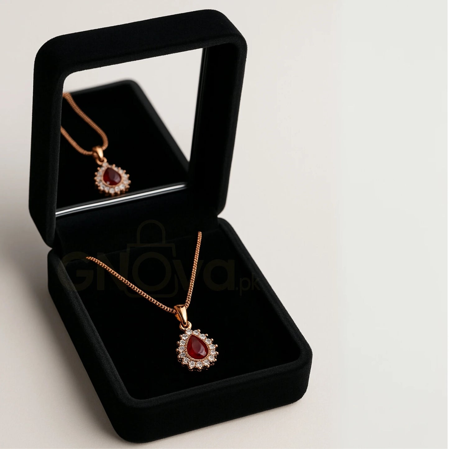 Ruby Royal Drop Pendant – Elegant Red Zircon Locket with Chain