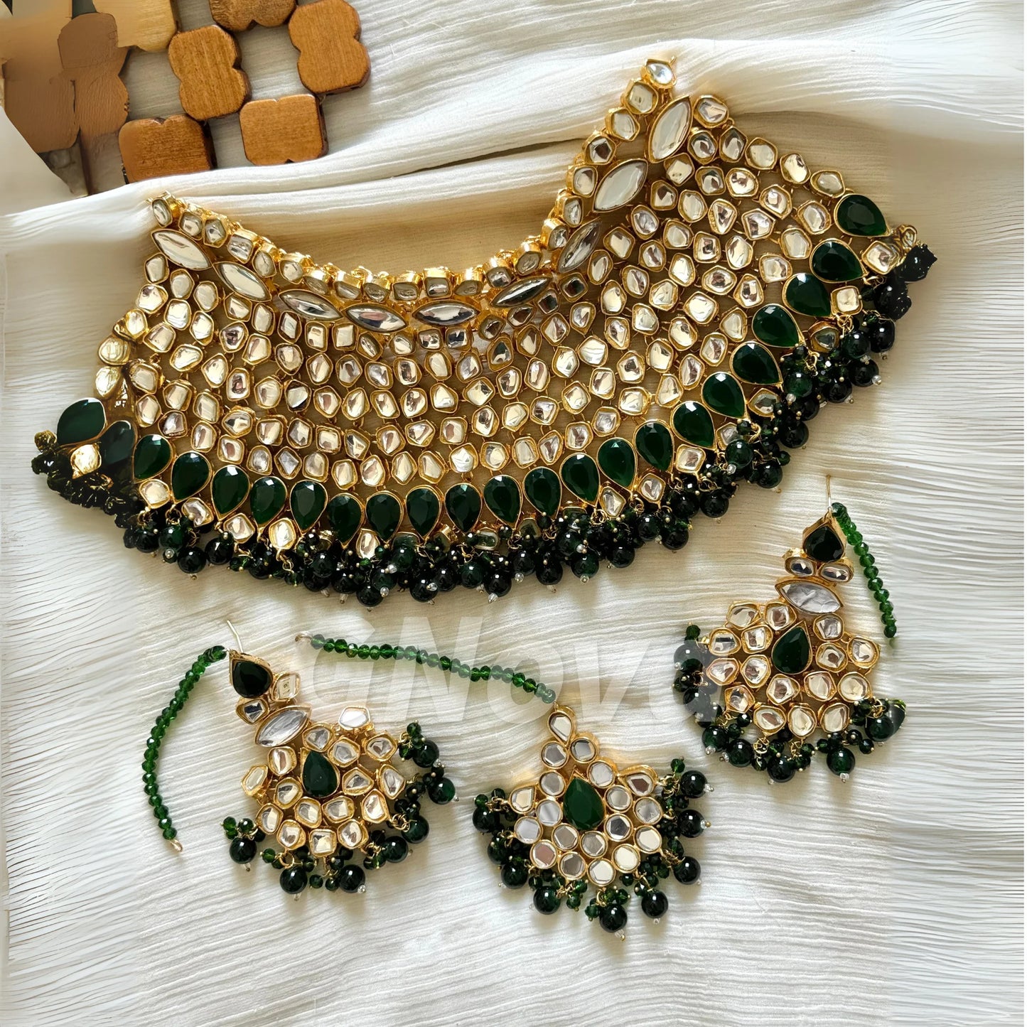 Gold Plated Green Farshi Kundan Bridal Jewelry Set β Handcrafted