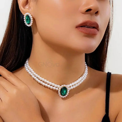 Emerald Pearl Choker Set – Elegant 3-Piece Jewelry Set