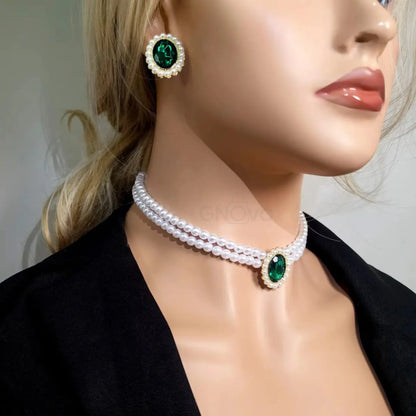 Emerald Pearl Choker Set – Elegant 3-Piece Jewelry Set