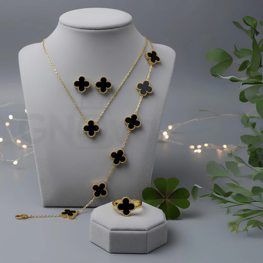Black Bloom Clover Set – 4 Piece Elegant Daily Wear Jewelry