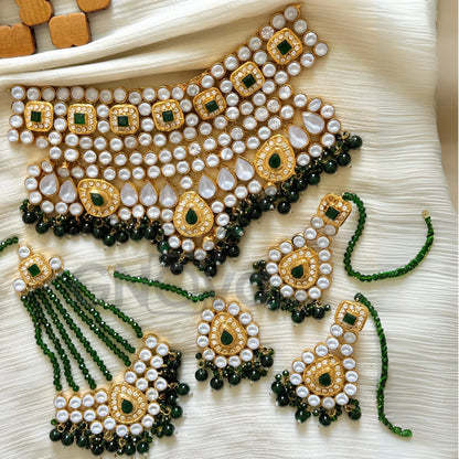 Gold Plated White & Green Kundan Bridal Jewelry Set – Handcrafted Farshi Design