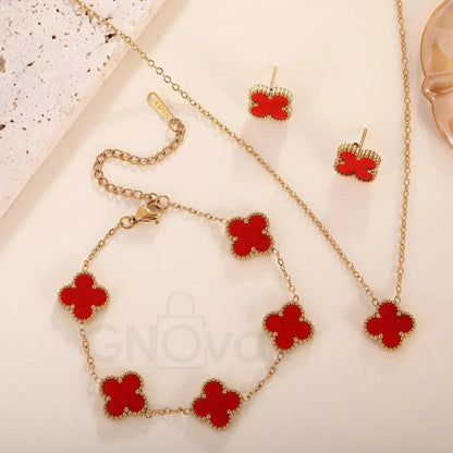 Black Bloom Clover Set – 4 Piece Elegant Daily Wear Jewelry