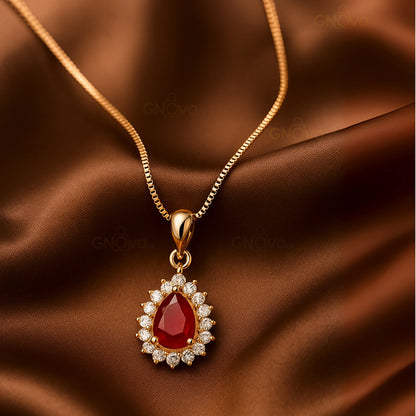Ruby Royal Drop Pendant – Elegant Red Zircon Locket with Chain