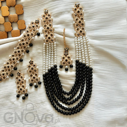 Elegant Multi-Strand Beaded Party Jewelry Set with Matching Earrings & Tikka