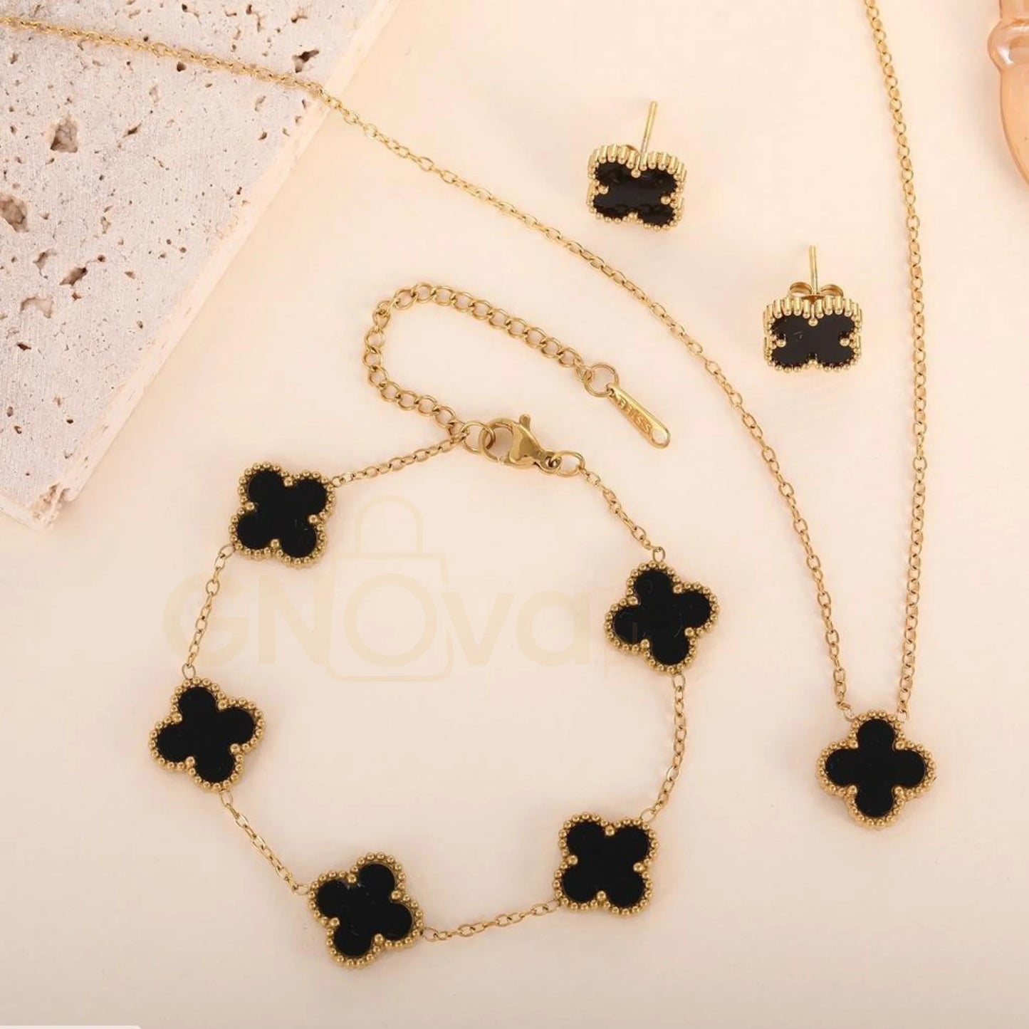 Black Bloom Clover Set – 4 Piece Elegant Daily Wear Jewelry
