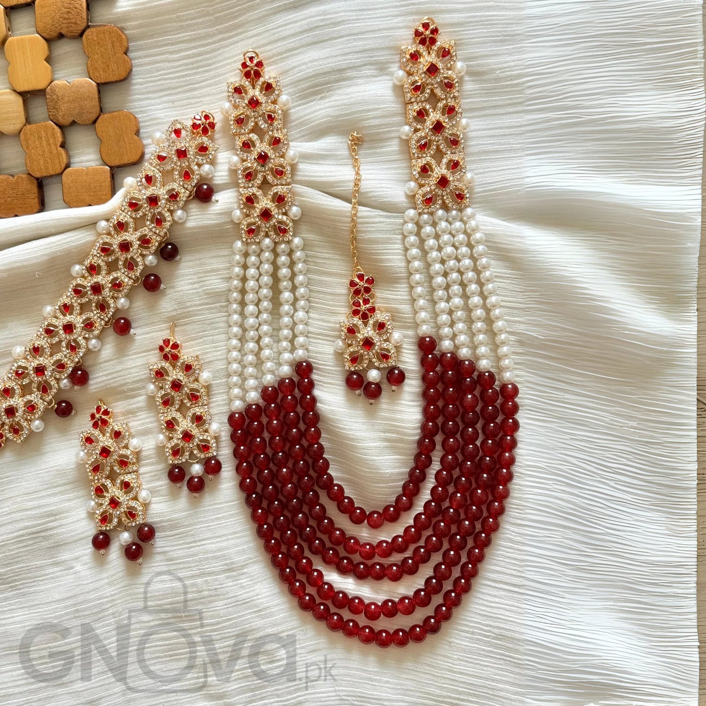 Elegant Multi-Strand Beaded Party Jewelry Set with Matching Earrings & Tikka