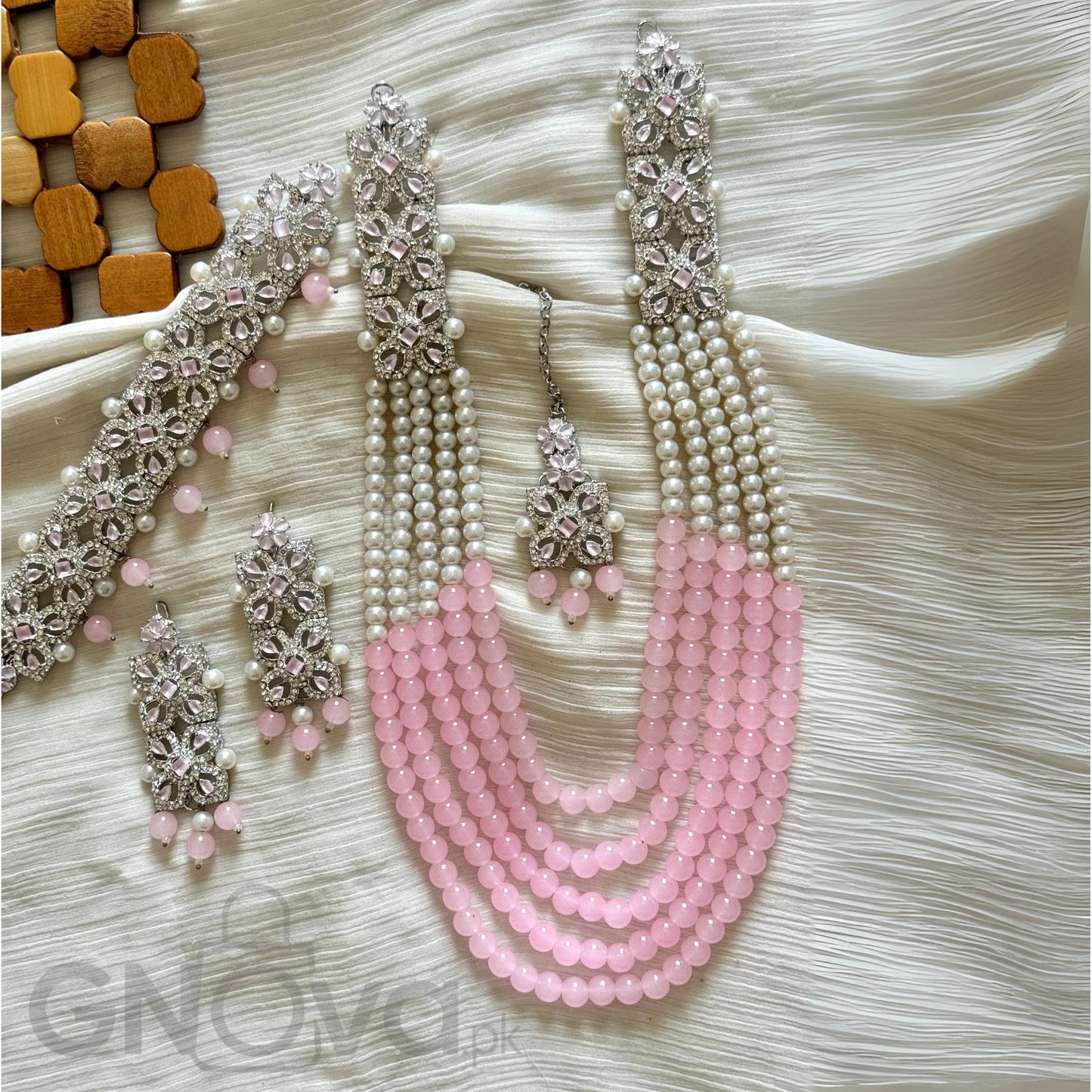 Elegant Multi-Strand Beaded Party Jewelry Set with Matching Earrings & Tikka
