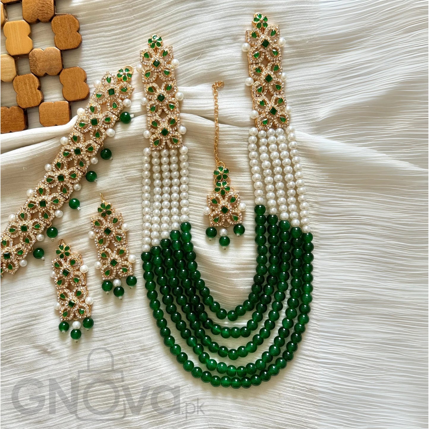 Elegant Multi-Strand Beaded Party Jewelry Set with Matching Earrings & Tikka