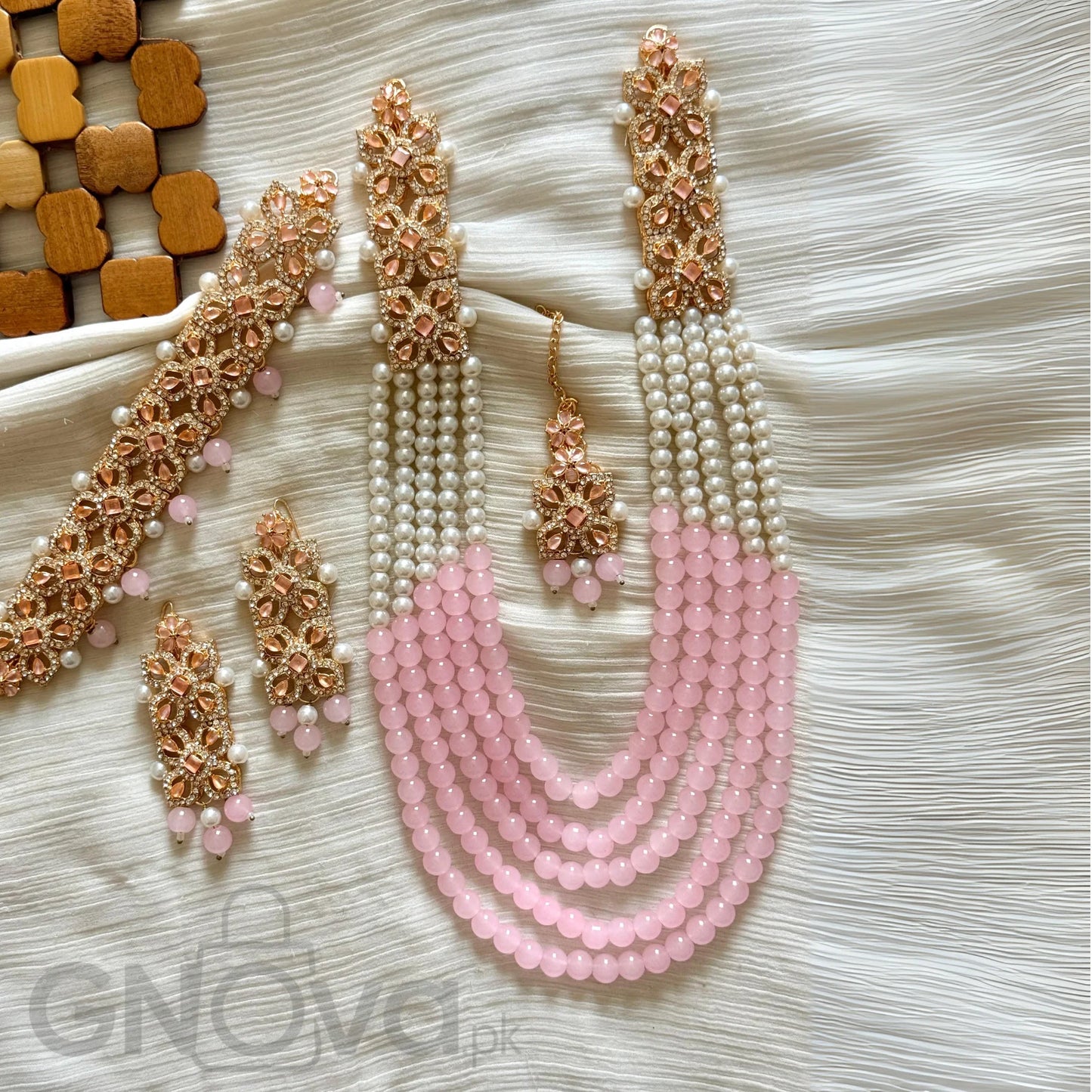 Elegant Multi-Strand Beaded Party Jewelry Set with Matching Earrings & Tikka