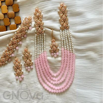 Elegant Multi-Strand Beaded Party Jewelry Set with Matching Earrings & Tikka