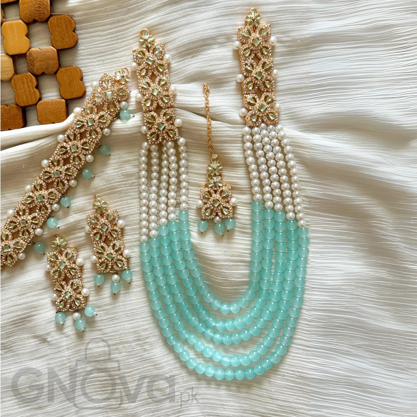 Elegant Multi-Strand Beaded Party Jewelry Set with Matching Earrings & Tikka
