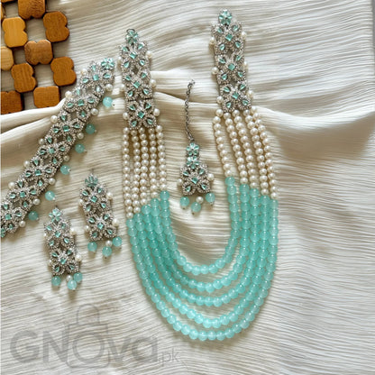 Elegant Multi-Strand Beaded Party Jewelry Set with Matching Earrings & Tikka