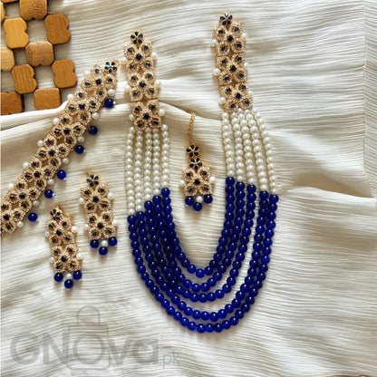 Elegant Multi-Strand Beaded Party Jewelry Set with Matching Earrings & Tikka