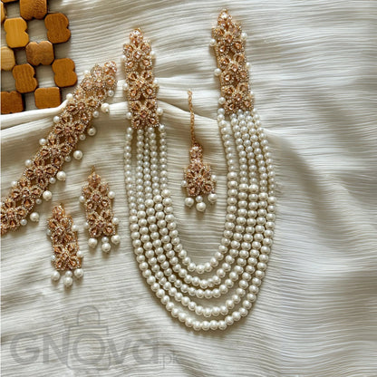 Elegant Multi-Strand Beaded Party Jewelry Set with Matching Earrings & Tikka