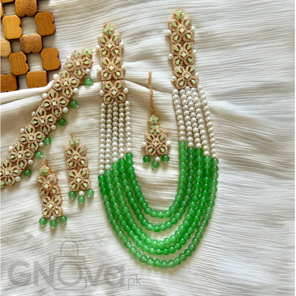 Elegant Multi-Strand Beaded Party Jewelry Set with Matching Earrings & Tikka