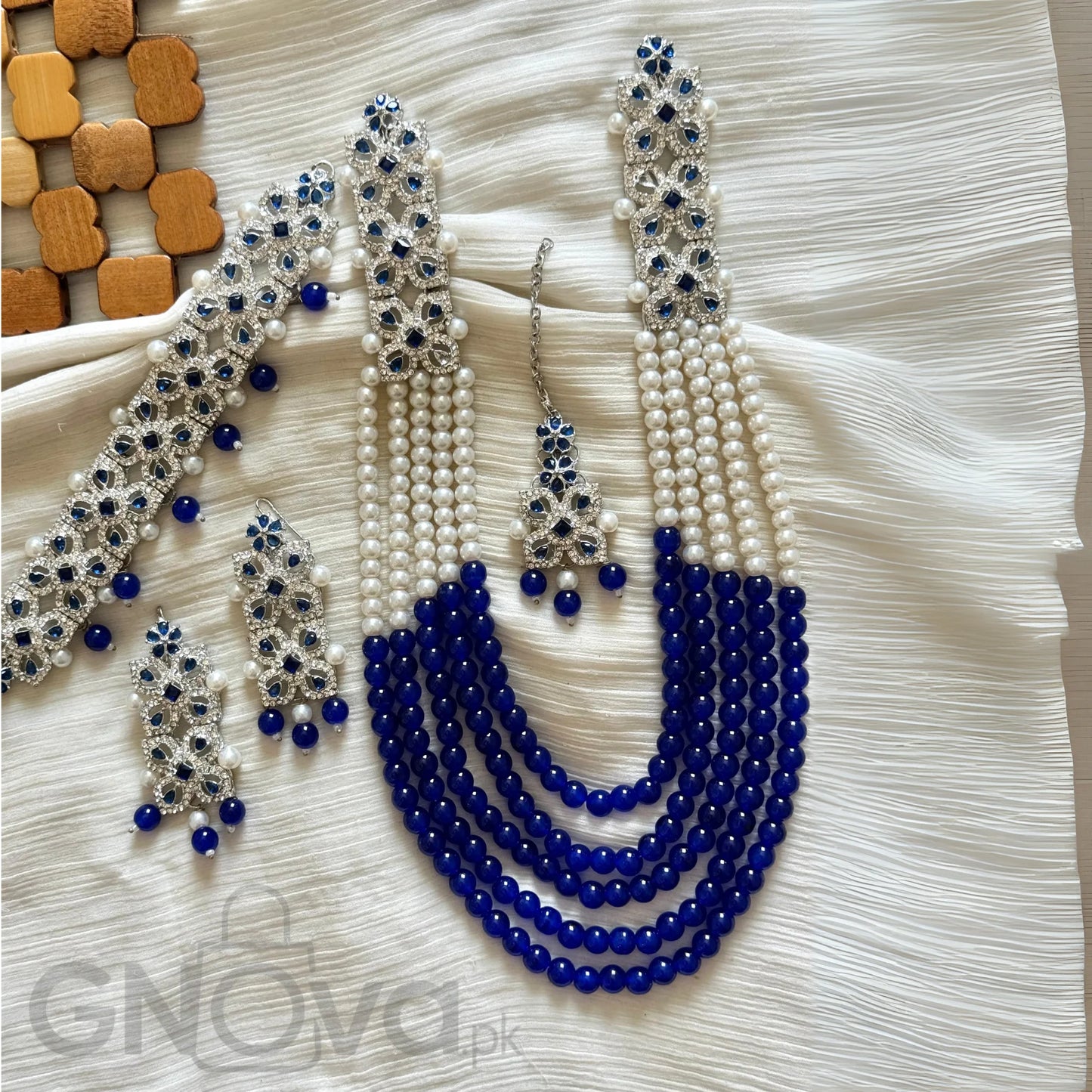 Elegant Multi-Strand Beaded Party Jewelry Set with Matching Earrings & Tikka