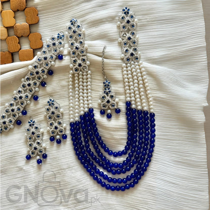 Elegant Multi-Strand Beaded Party Jewelry Set with Matching Earrings & Tikka