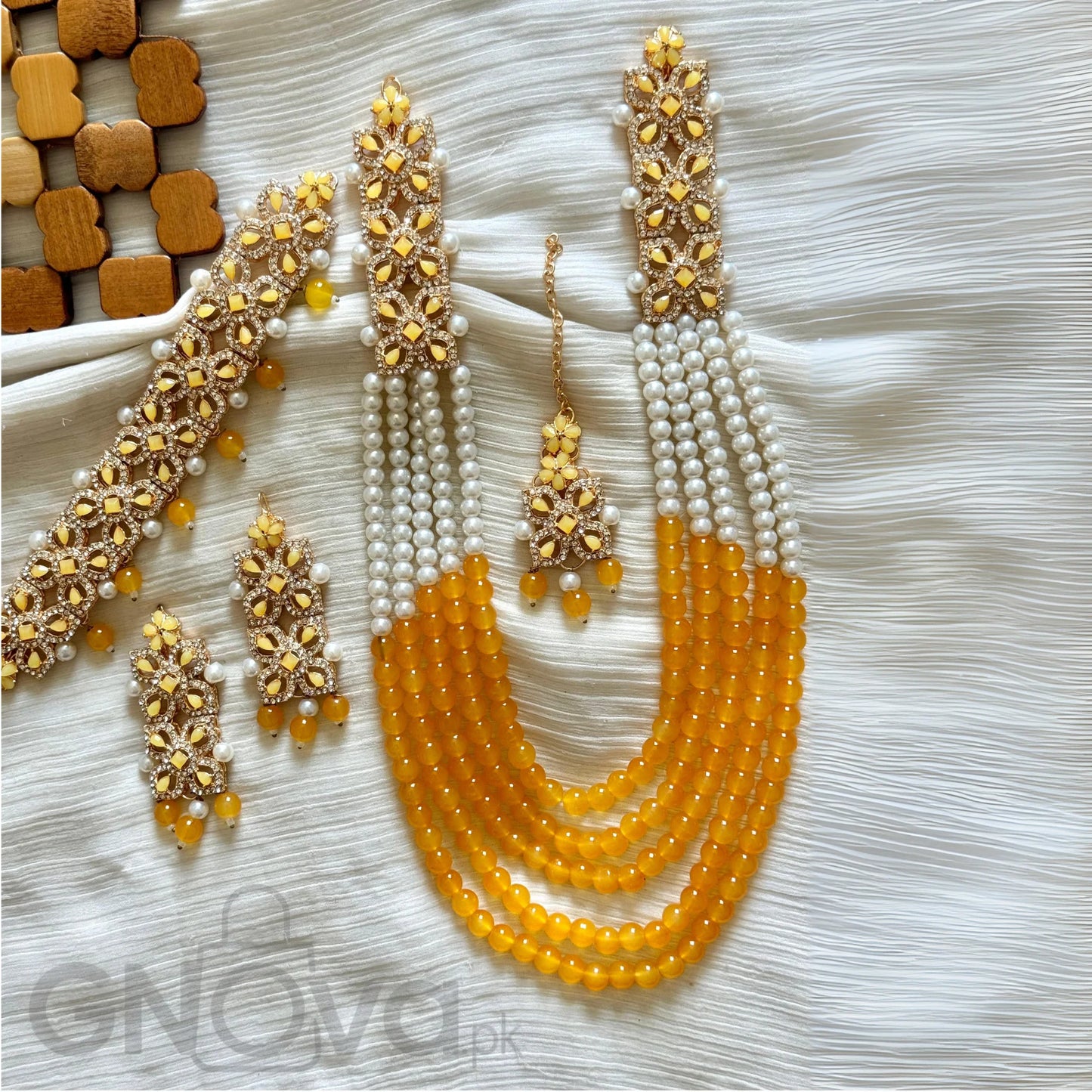 Elegant Multi-Strand Beaded Party Jewelry Set with Matching Earrings & Tikka