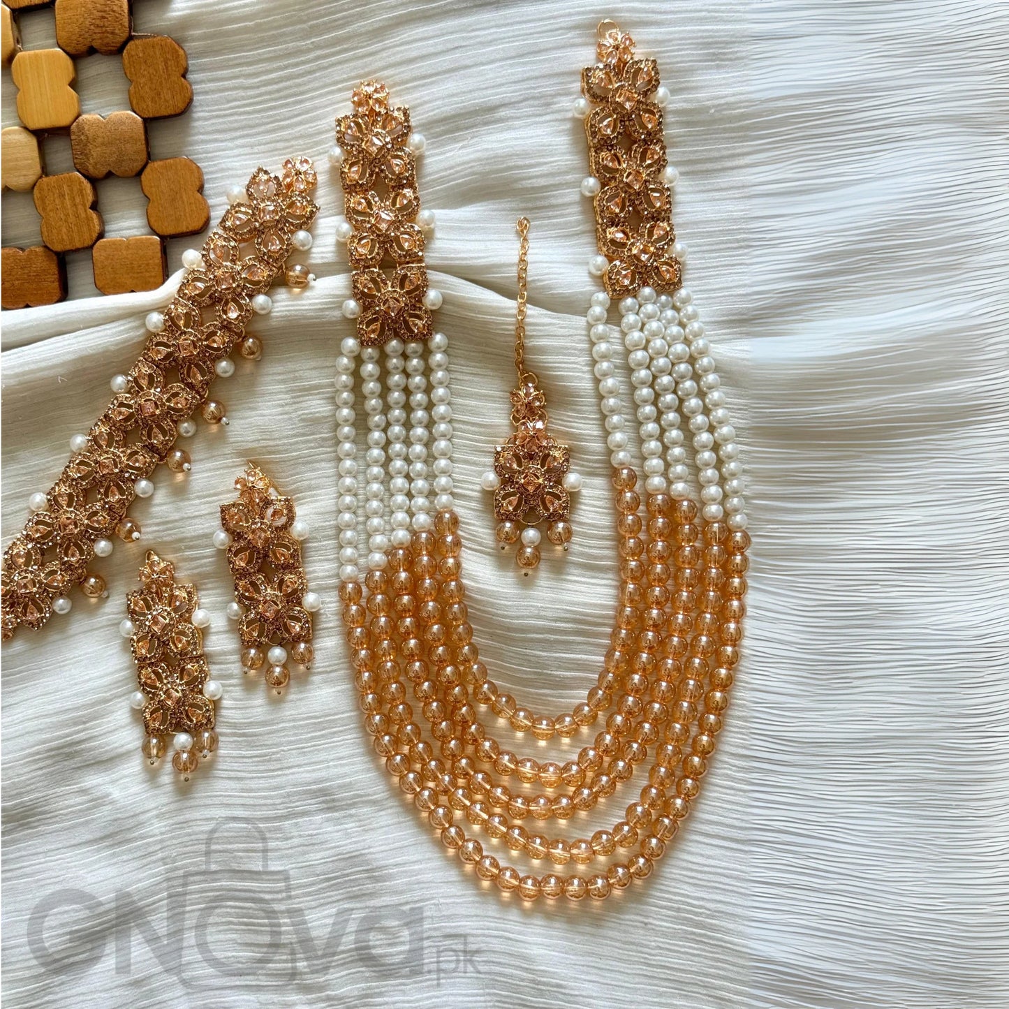 Elegant Multi-Strand Beaded Party Jewelry Set with Matching Earrings & Tikka