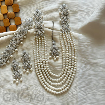 Elegant Multi-Strand Beaded Party Jewelry Set with Matching Earrings & Tikka