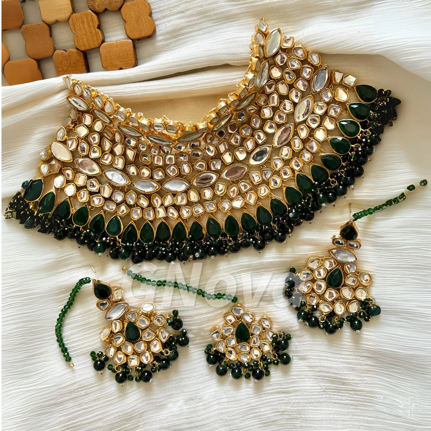 Gold Plated Green Farshi Kundan Bridal Jewelry Set – Handcrafted