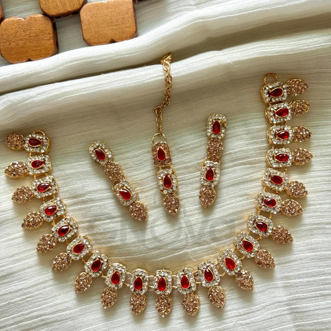 Zircon & Emerald Choker Jewelry Set – Necklace, Earrings & Maang Tikka