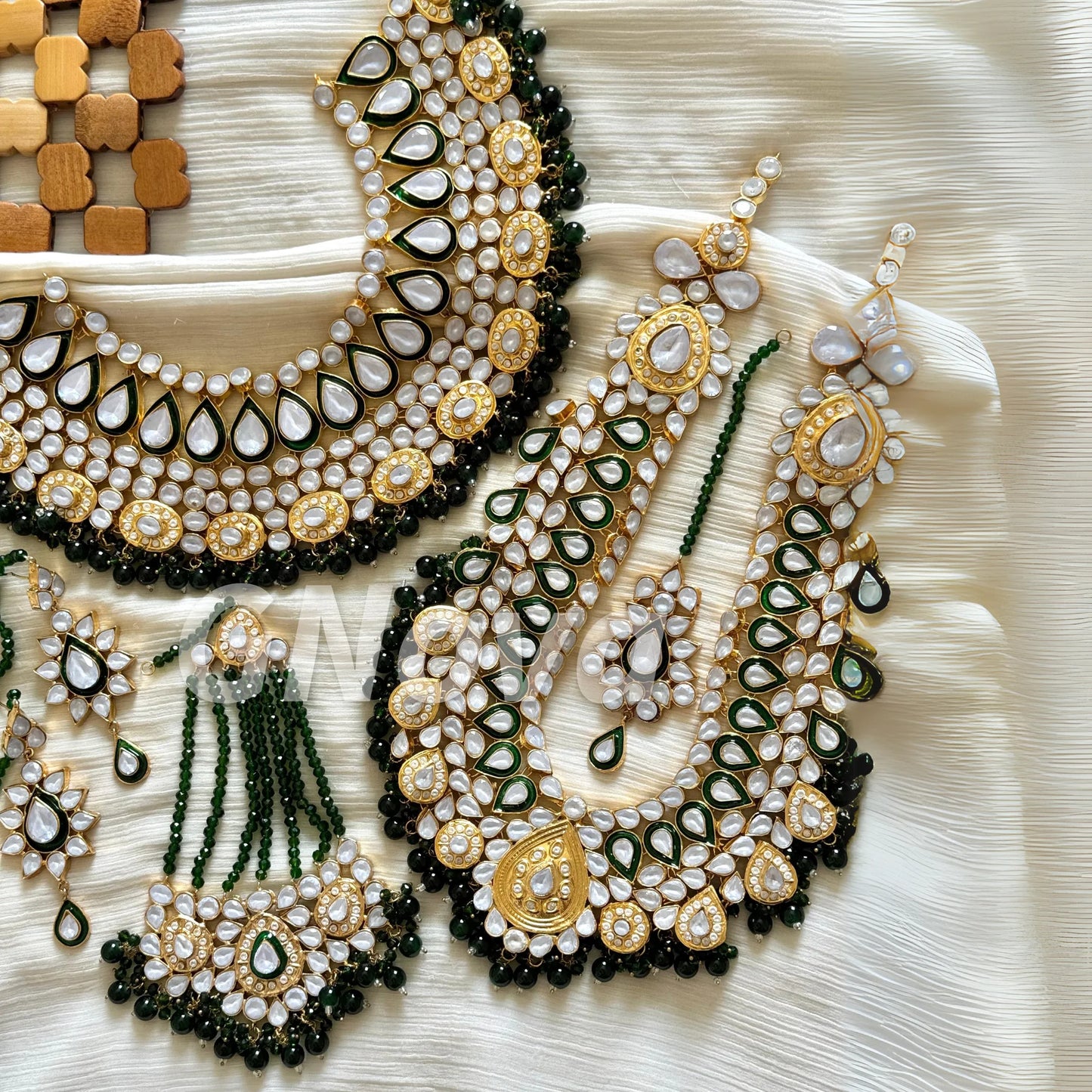 Gold Plated Handcrafted Farshi Kundan Bridal Set – 6-Piece Green Pearl Edition