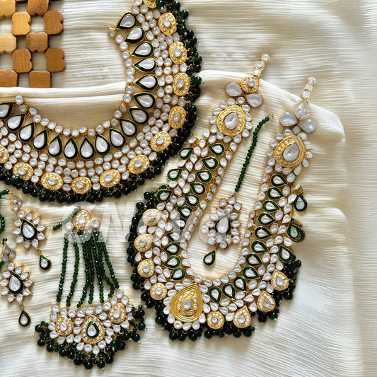Gold Plated Handcrafted Farshi Kundan Bridal Set – 6-Piece Green Pearl Edition