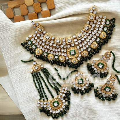 Gold Plated White & Green Kundan Bridal Jewelry Set – Handcrafted Farshi Design