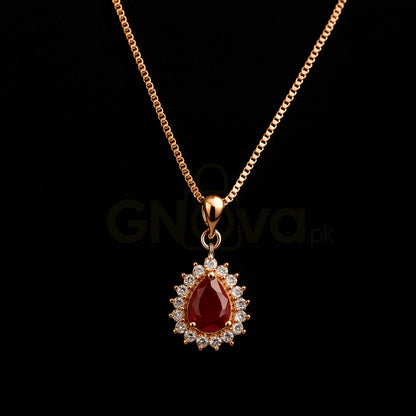 Ruby Royal Drop Pendant – Elegant Red Zircon Locket with Chain
